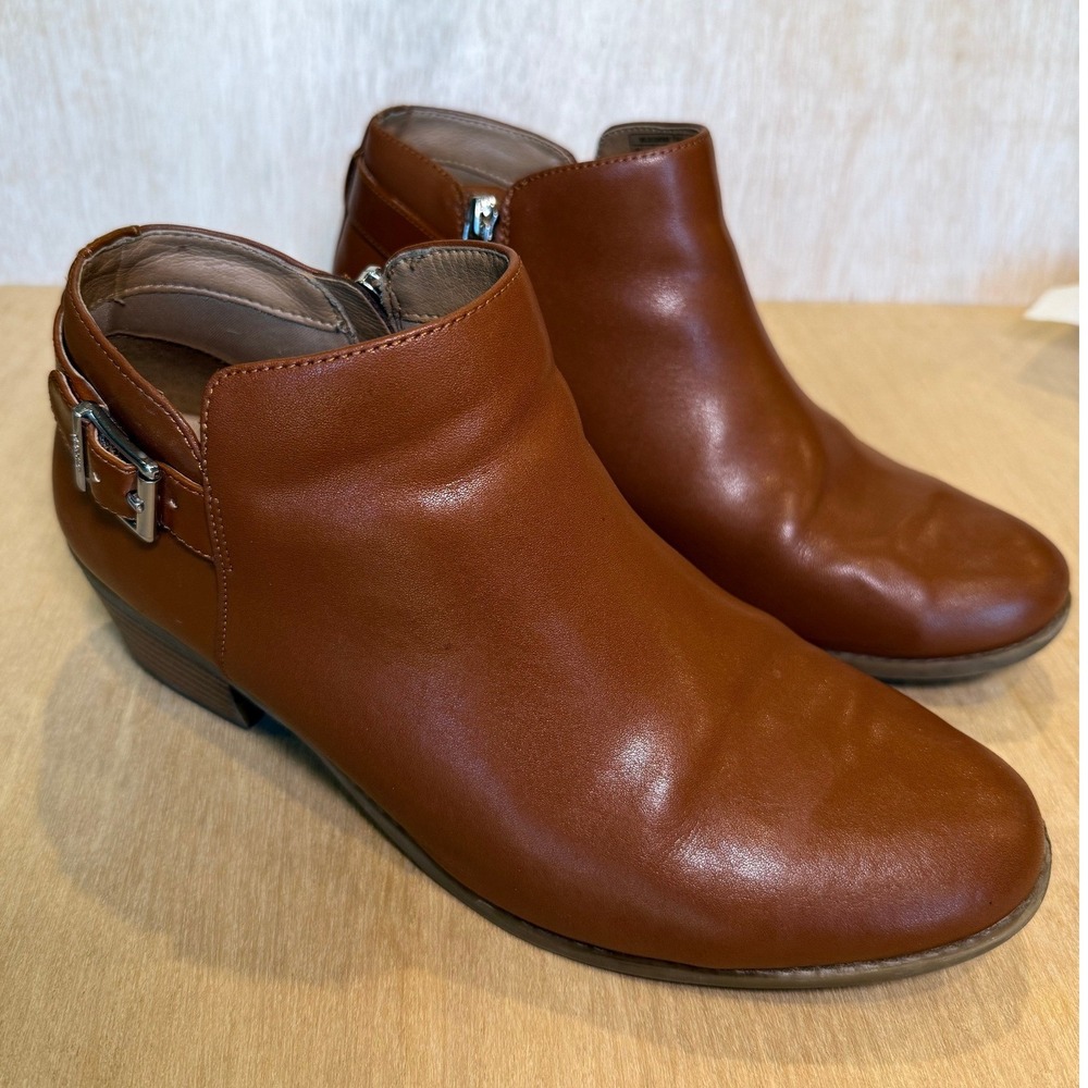 Vionic Women 10W Brown Leather Millie Ankle Boot Buckle Zip Block Heel Casual